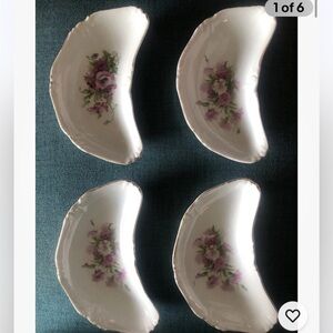 4 Vintage Crescent-Shaped‎ Bone China Dish Tapas Dessert Plate Floral Gold Rim